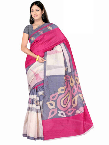 Designer Purple And Pink Cotton Silk Sari Casual Wear Printed leaf Pattern Pure Cotton Silk Sarees With Blouse Piece