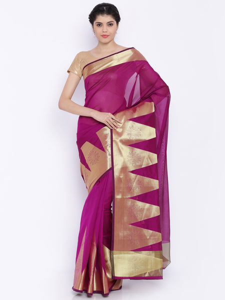 magenta-color-chanderi-sarees-with-golden-border-&-lotus-print -work