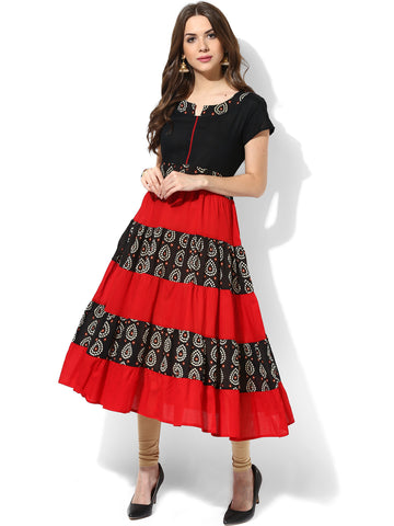 Designer Long Anarkali Kurtis Black & Red Bandhini Print Anarkali Kurta