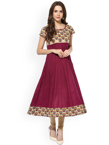 Casual Anarkali Kurtis Kurtas Burgundy Anarkali Kurta With Printed Work