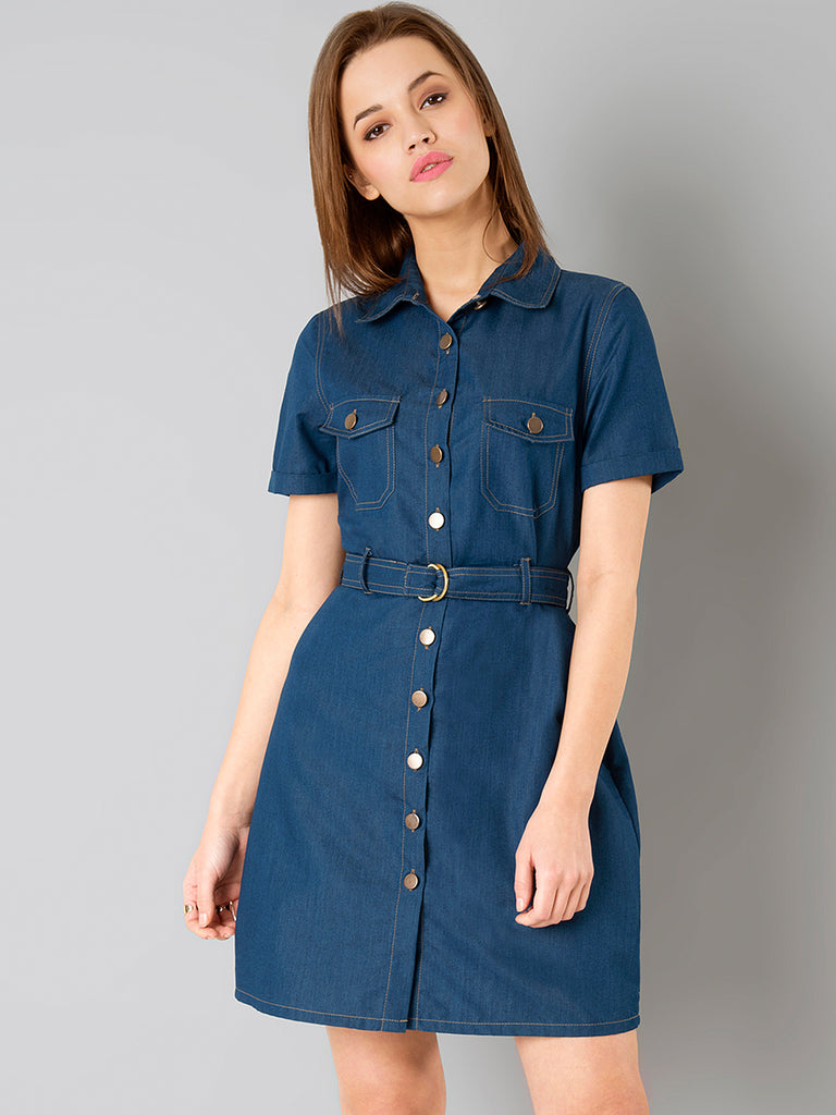 Buy Navy Blue Denim Dress Online | FableStreet