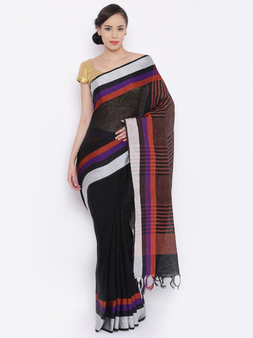 traditional-black-bhagalpuri-handloom-sarees-with-four-colors-border-&-stripes-design-pallu-work