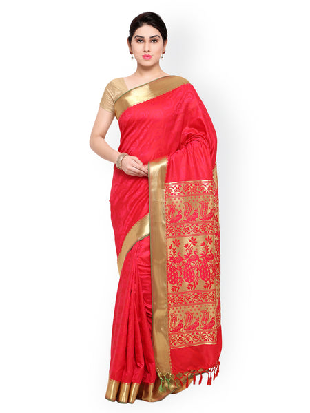 Red & Pink Kanjeevaram Art Silk Traditional Saree Bird Print Design Silk Saree