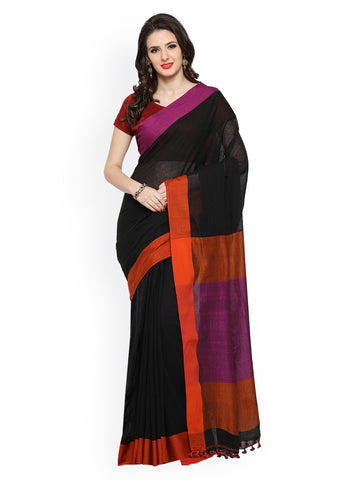 handwoven-sarees-black,-orange-&-magenta-three-color-handwoven-pure-cotton-khadi-print-saree
