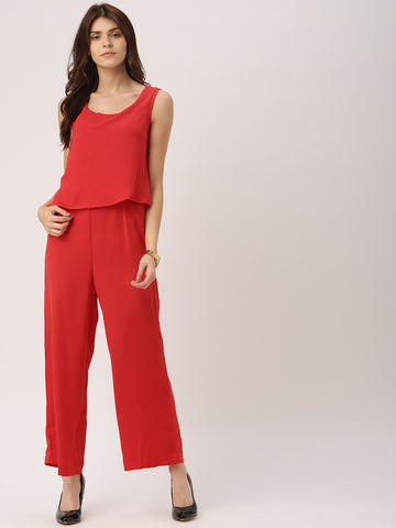 Plain Jumpsuit Red Color With Layered Design Jumpsuit