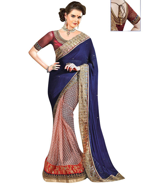 Women's Blue and Peach Georgette and Net Embroidered Half and Half Wedding Wear Net Saree