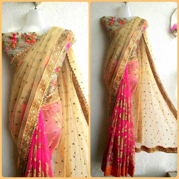 Designer Beige & Pink Color Naylon Net & Georgette Embroidered Party Wear Net Saree With Blouse Piece