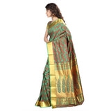 Designer Green Printed Banarasi Art Silk Saree With Mordern Leaves Desgin And Emboss Pattern Sarees