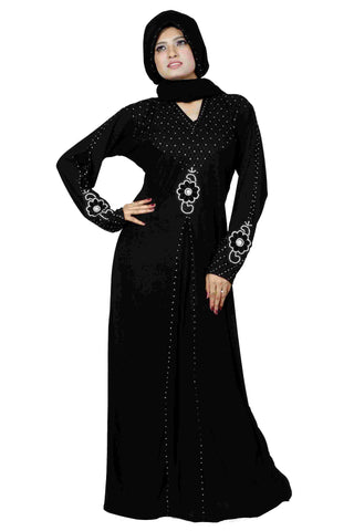Latest Abaya Designs With Stones Black Colored Stitched Lycra Islamic Abaya