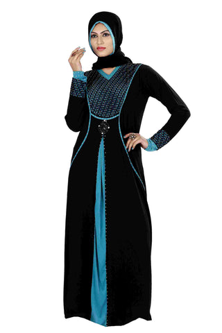 Latest Abaya Collection Black & Firozi Colored Lycra Stitched Abaya Dress