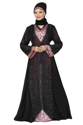 Islamic Abaya Online Black & Magenta Colored Lycra Stitched Abaya Dress