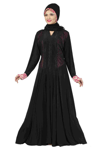 Muslim Abaya Dress Lycra Black & Neon Pink Colored Stitched Abaya Dress