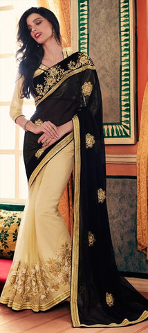 Designer Black & Beige Heavy Embroidered Fancy Party Wear Net Sarees With Blouse Material
