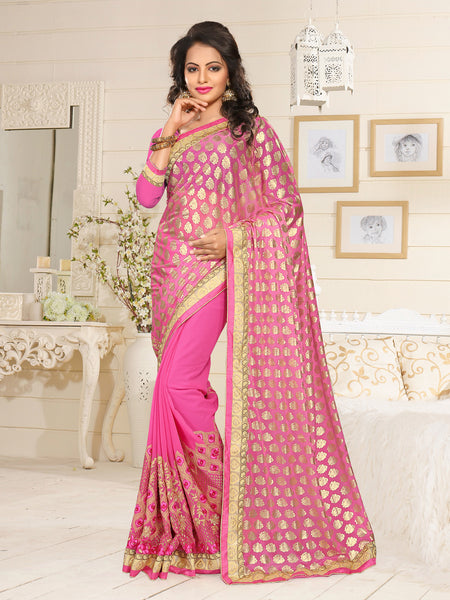 Urban Naari Pink Colored Lycra And Georgette Embroidered Sarees