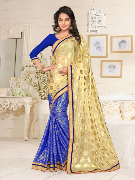 Urban Naari Beige And Blue Colored Lycra Embroidered Sarees