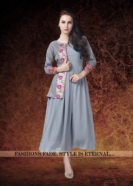 Grey Colored Georgette & Banglori Silk Embroidered Stitched Kurti 22998 Designer Kurtis For Women