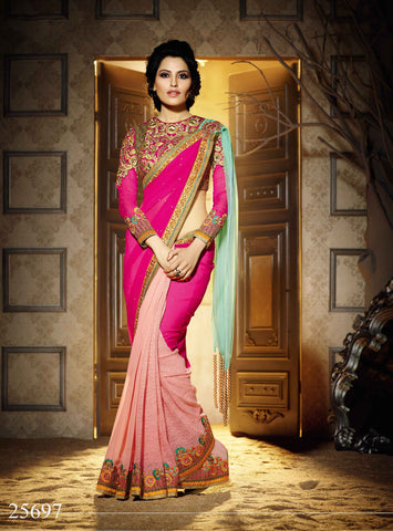 Designer Sarees Dark Pink, Light Pink & Aqua Blue Colored Georgette Sarees WIth Beads Embroidered Lace Work