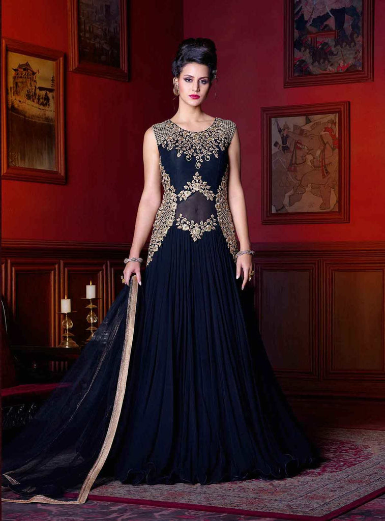 Girls Wear Party Style Navy Blue Color Gown In Net Fabric
