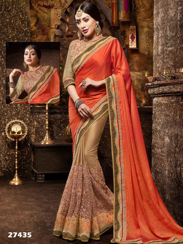 Satin And Net Traditional Saree Peach & Brown Embroidered Lace Border Festival Saree