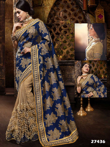 Silk Sarees Online Blue & Gold Designer Sarees Heavy Zari Embroidery Work Silk Jacquard Sarees