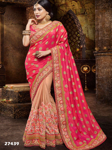 Diwali Special Pink & Beige Jacquard And Lycra Traditional Sarees For Women