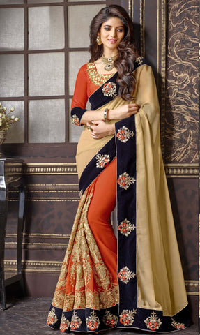 Designer Multicolored Georgette Saree Embroidered Lace Border Wedding Saree