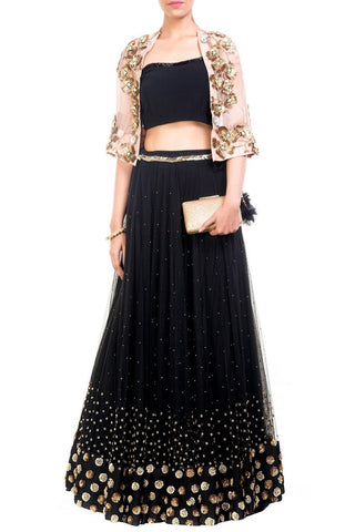 Exclusive Designer Lehenga Choli Black & Pink Cape Design Lehenga With Short Jacket/Koti