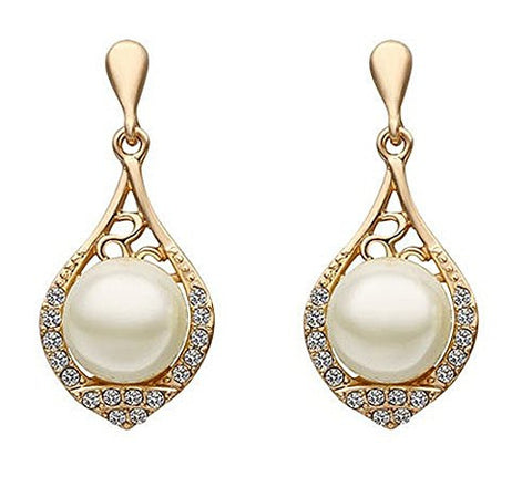 Designer Silver Shoppee Yellow 18k Yellow Gold Plated Cubic Zirconia And Pearl Studded Alloy Dangle & Drop Earrings For Women