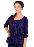 Navy Blue Color Polka Dots Peasant Polyester Round Neck Casual Top