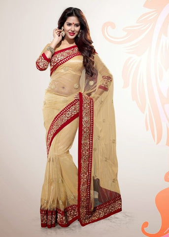 Designer Net Zari Beige Saree Embroidery Work Indian Party Wear Net Saree