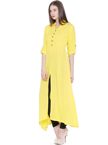 yellow-color-front-open-plain-rayon-long-kurti-with-golden-toggle-work-a066