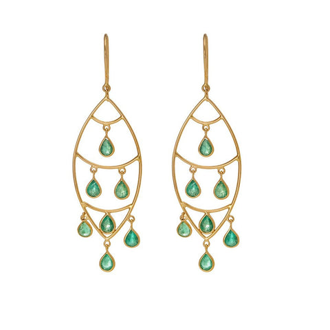 Gold And Emerald Pleated Tear Drop Earrings For Women