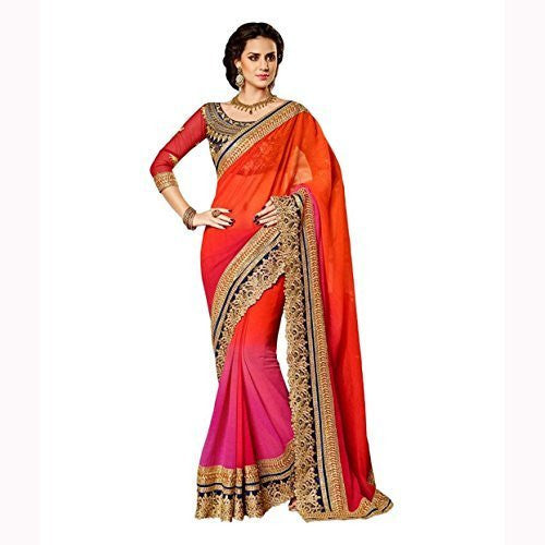 Red and Orange Designer saree - Designer Casual Sarees
