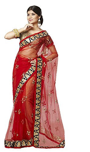 Party Designer Saree Net Red Applique Work Embroidered Patch Work Wedding Saree