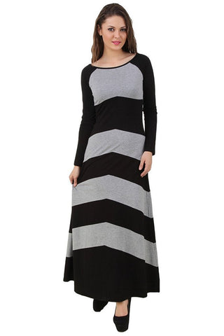 Latest Long Grey And Black Chevron Style Maxi Dress For Women