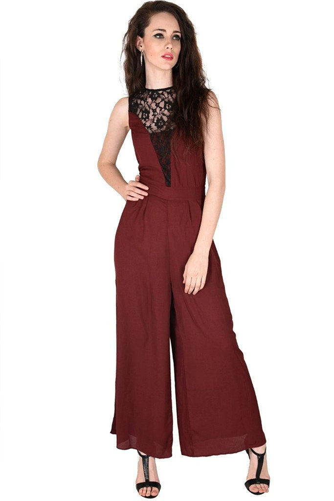 Buy Now Maroon Color Sleeveless Palazzo Jumpsuit With Lace Neck – Lady India