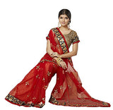 Party Designer Saree Net Red Applique Work Embroidered Patch Work Wedding Saree