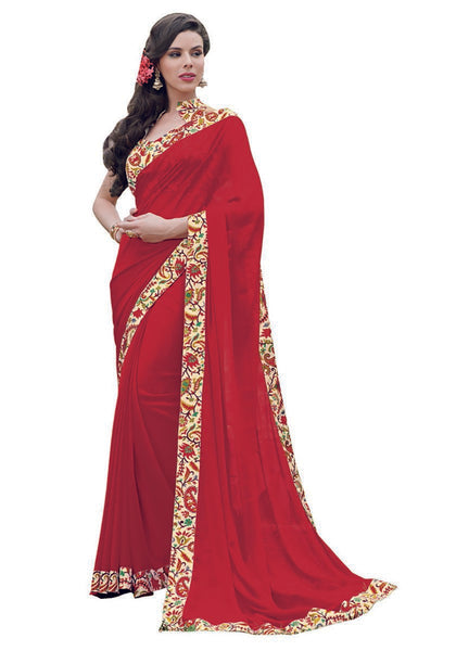 Red Printed Chiffon Sarees With Floral Border Work