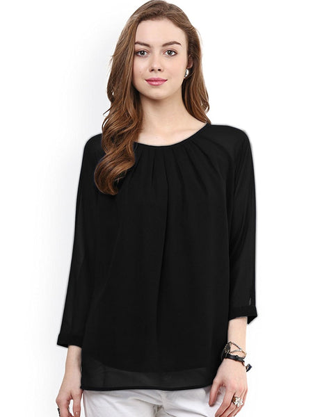 Black Solid Color Georgette Top For Women Round Neck With 3/4 Sleeve Women Tops