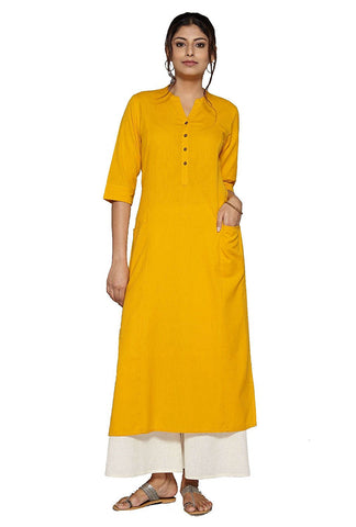 yellow-color-plain-long-cotton-kurta-for-women-a092