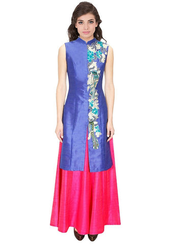 Designer Pink And Blue Color Long Kurtas With Skirts Banglori Satin Jacket Style Long Kurti