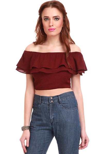 Maroon Color Crop Tops For Women With Frill Ladyindia56