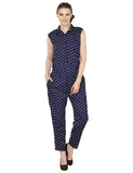 Navy Blue Sleeveless Printed Jumpsuits With Polka Dot Print Jumpsuit