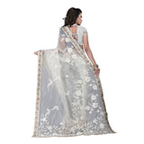 White Embroidered Net Saree With Georgette And Chiffon WorK Saree With Blouse Piece