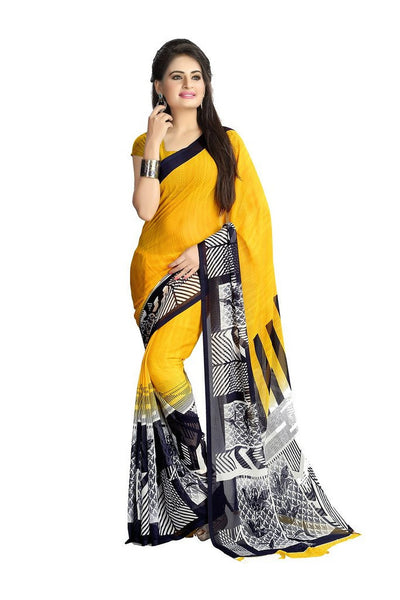 Chiffon Printed Saree Yellow - Designer Casual Sarees