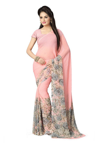 Pink Color Chiffon Saree With Rose Print Border Work S083