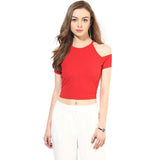 Red Exotic Knit Fabric Cold Shoulder Crop Top For Girls Ladyindia99