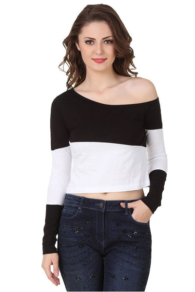 Black & White One Off Shoulder Crop Top For Girls Ladyindia91