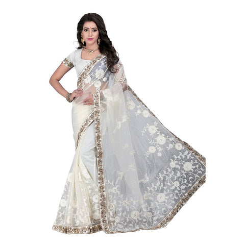 White Embroidered Net Saree With Georgette And Chiffon WorK Saree With Blouse Piece