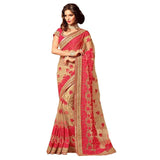 Beige Color Net Saree With Red Color Embroidered Thread Work Designer Net Sarees